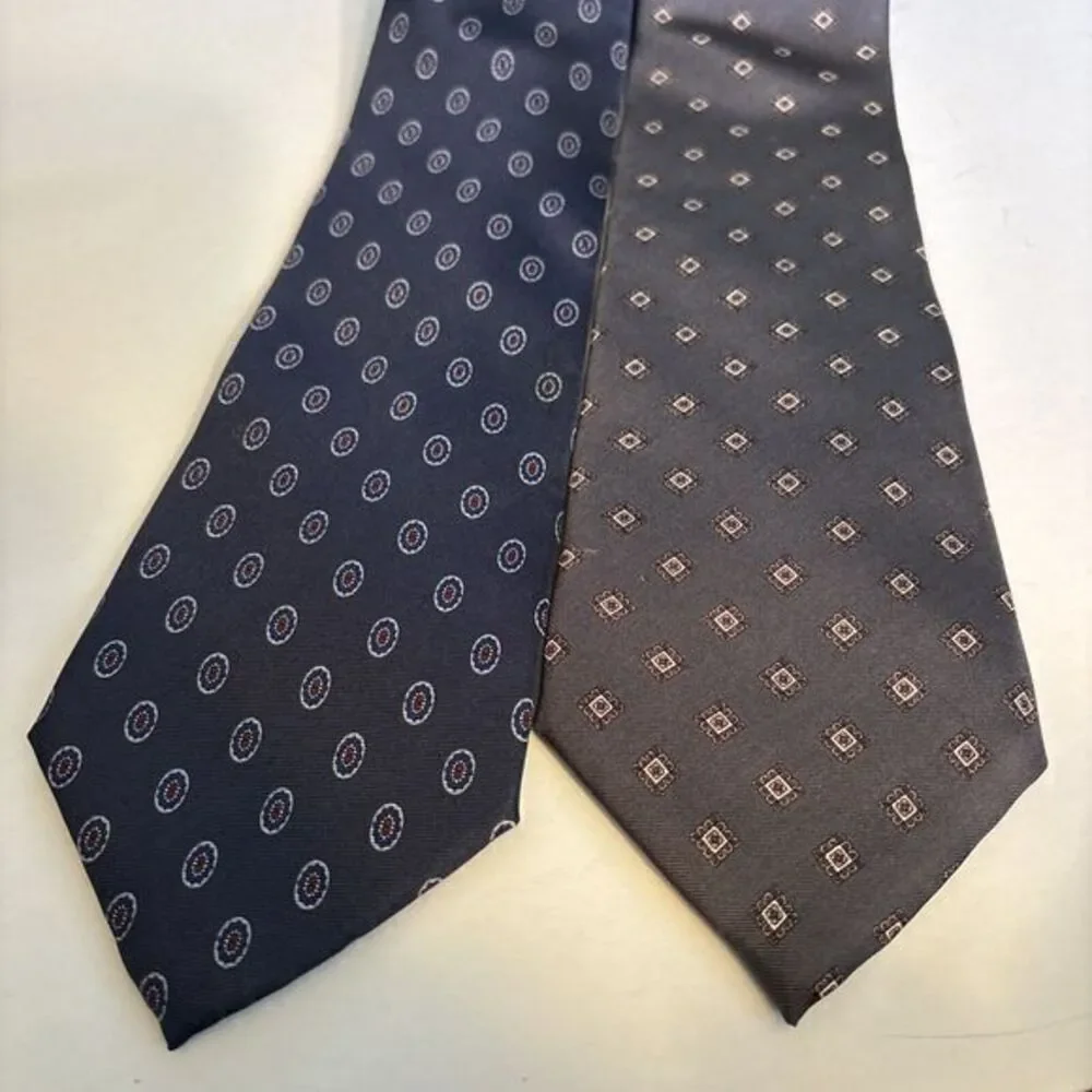 Christian Dior Vintage 2 Ties Navy Blue‎ Dots And Grey Diamonds Logo Necktie